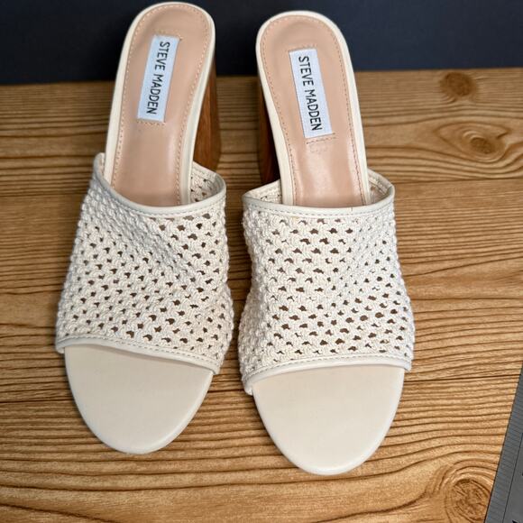 Steve Madden Cream Crochet Knit Block Heel Mules Womens 11 Cataleya - Picture 3 of 12